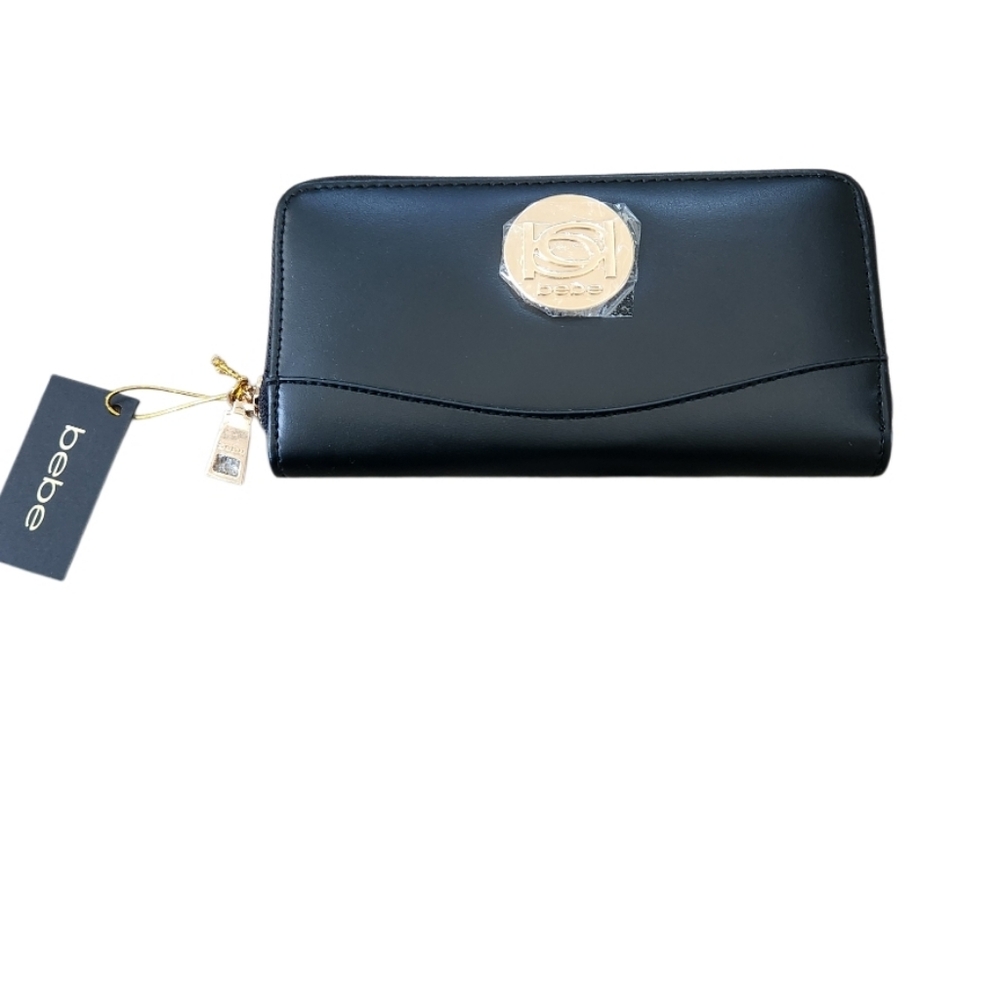 Bebe Elegant Black Faux Leather Wallet with Gold Details Nwt